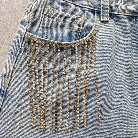 Cider Womens High Waisted Rhinestone Fringe Distressed Denim Shorts Light Wash S - Picture 4 of 10